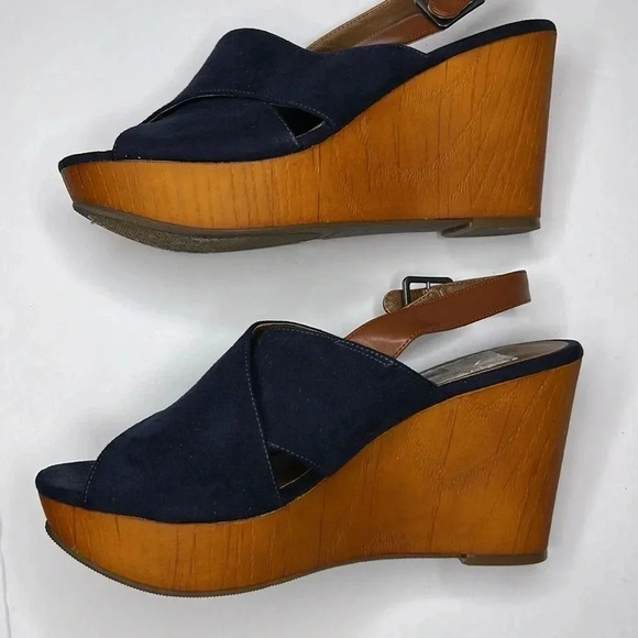 Lucky Brand Sandals size 8b Merrona Blue Suede Platform Wedge Slingback Peep Toe - Picture 5 of 7